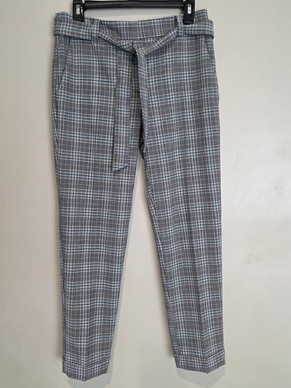 Gray Plaid Tie-Waist Womens Dress Pants Business Casual Office Cuffed Devin Slim